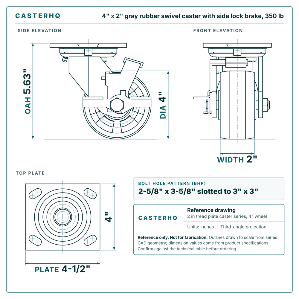 4 x 2 in gray rubber swivel caster with side lock brake reference drawing, side, front and top plate views with dimensions