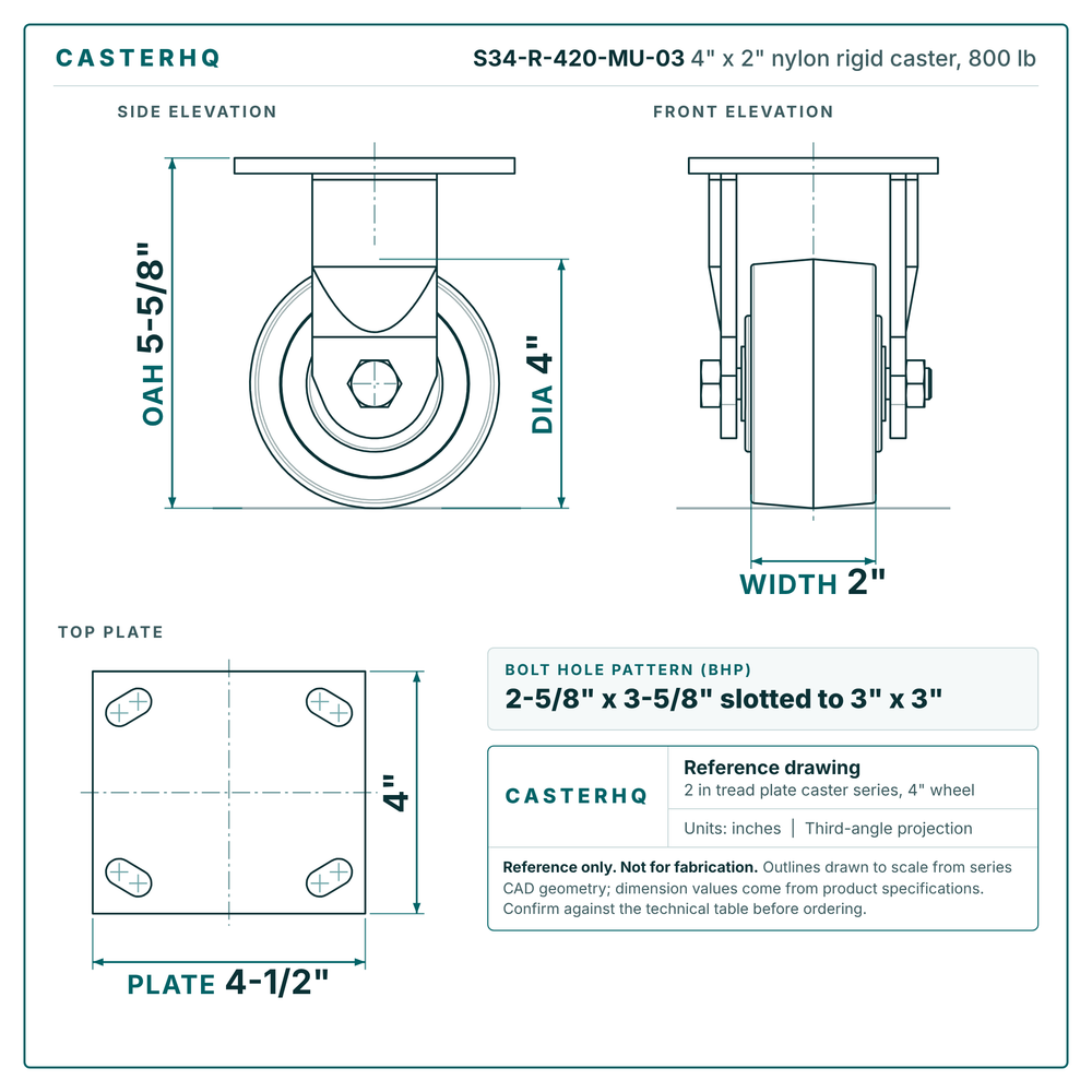 S34-R-420-MU-03 4 x 2 in nylon rigid caster reference drawing, side, front and top plate views with dimensions