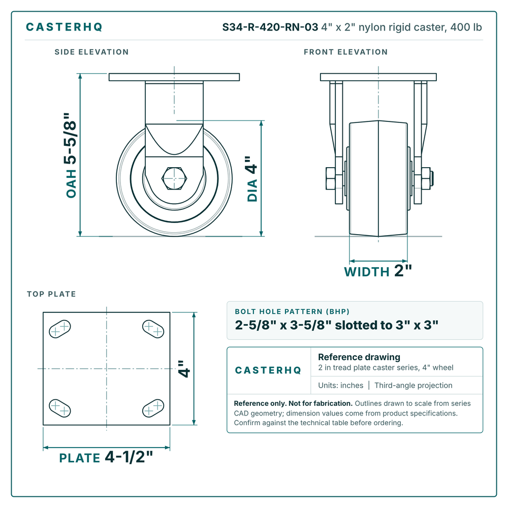 S34-R-420-RN-03 4 x 2 in nylon rigid caster reference drawing, side, front and top plate views with dimensions