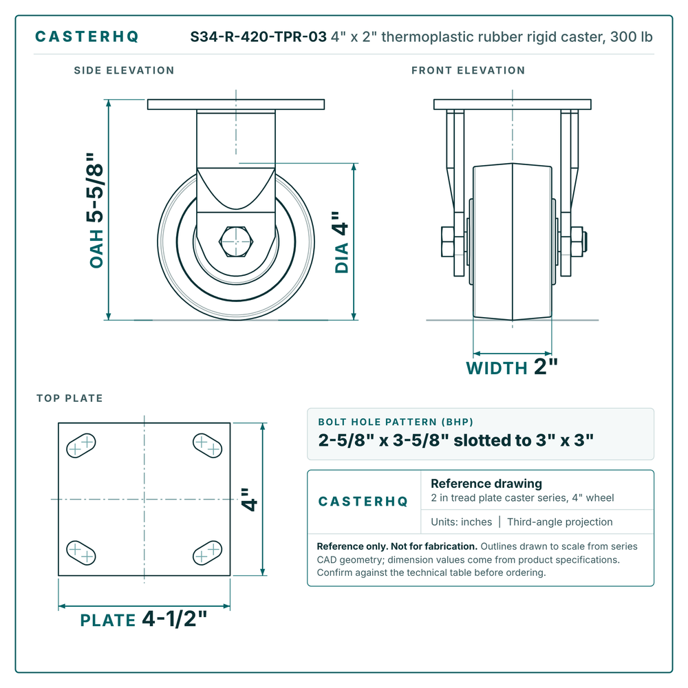 4" x 2" thermoplastic rubber rigid caster reference drawing, side, front and top plate views with dimensions