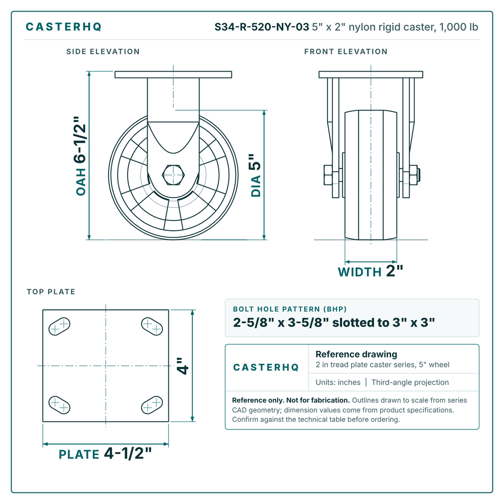 S34-R-520-NY-03 5 x 2 in nylon rigid caster reference drawing, side, front and top plate views with dimensions
