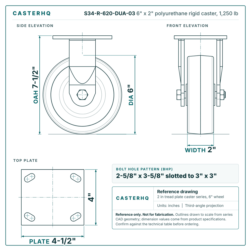 S34-R-620-DUA-03 6 x 2 in polyurethane rigid caster reference drawing, side, front and top plate views with dimensions