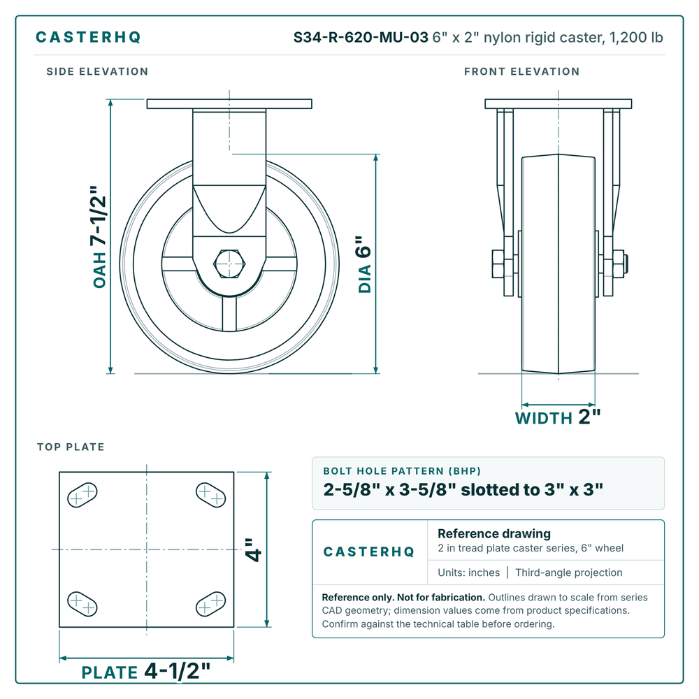S34-R-620-MU-03 6 x 2 in nylon rigid caster reference drawing, side, front and top plate views with dimensions