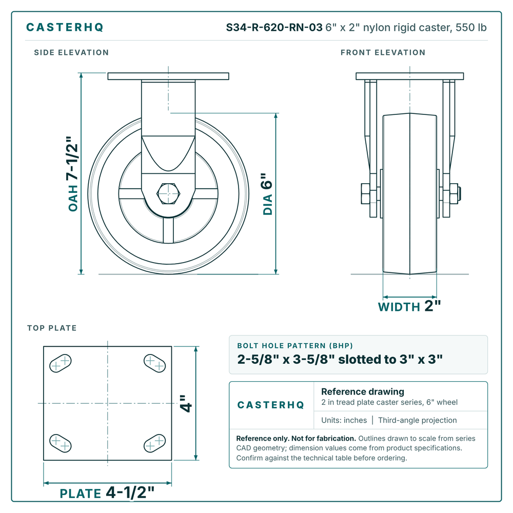 S34-R-620-RN-03 6 x 2 in nylon rigid caster reference drawing, side, front and top plate views with dimensions