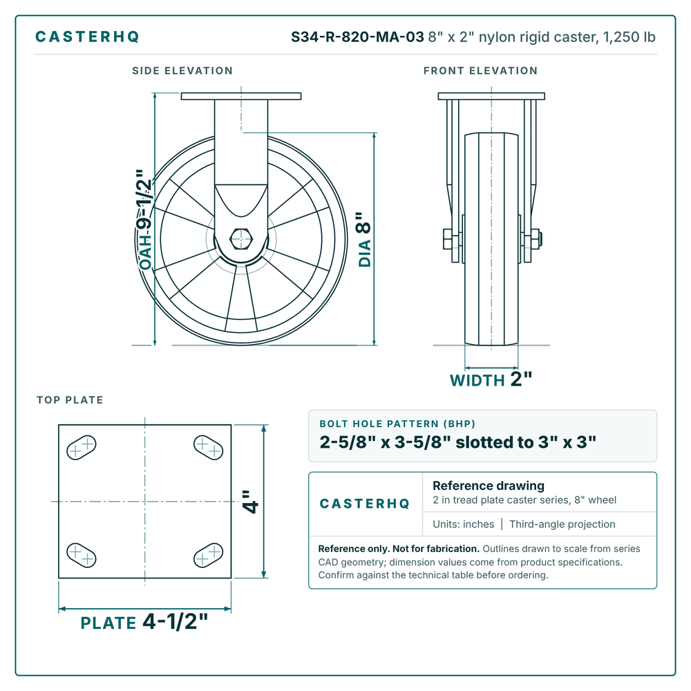 S34-R-820-MA-03 8 x 2 in nylon rigid caster reference drawing, side, front and top plate views with dimensions