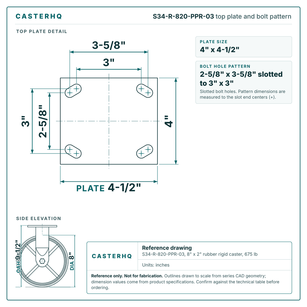 S34-R-820-PPR-03 top plate bolt pattern drawing, 4 x 4-1/2 in plate, slotted bolt holes