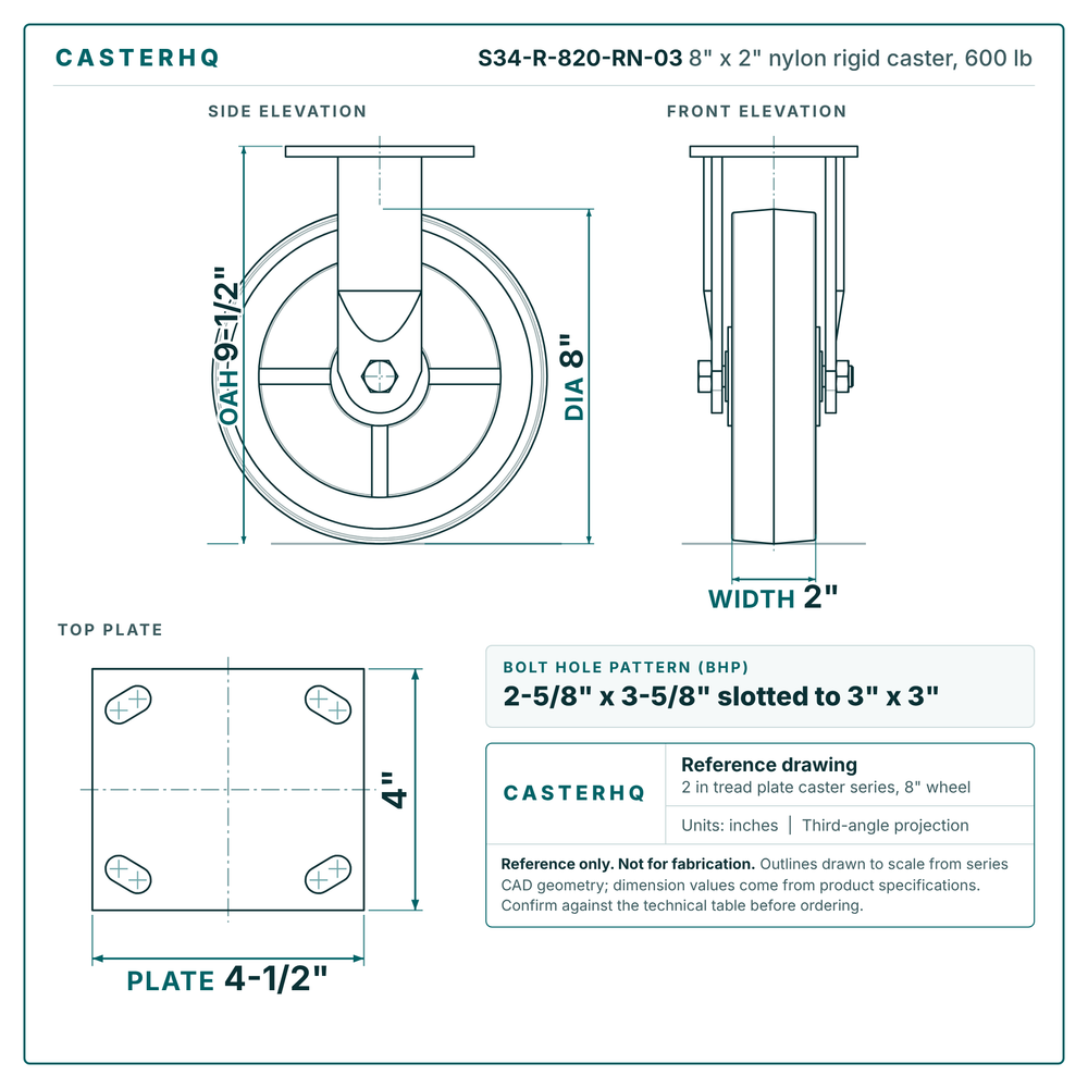 S34-R-820-RN-03 8 x 2 in nylon rigid caster reference drawing, side, front and top plate views with dimensions
