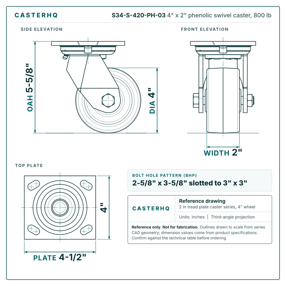 S34-S-420-PH-03 4 x 2 in phenolic swivel caster reference drawing, side, front and top plate views with dimensions