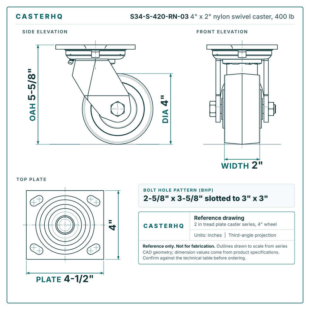 S34-S-420-RN-03 4 x 2 in nylon swivel caster reference drawing, side, front and top plate views with dimensions