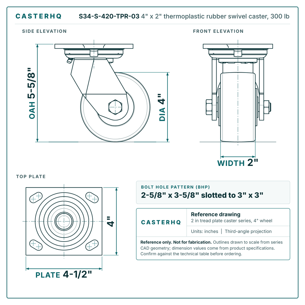 4" x 2" thermoplastic rubber swivel caster reference drawing, side, front and top plate views with dimensions