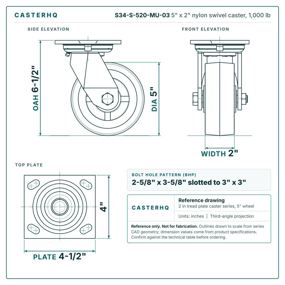 S34-S-520-MU-03 5 x 2 in nylon swivel caster reference drawing, side, front and top plate views with dimensions