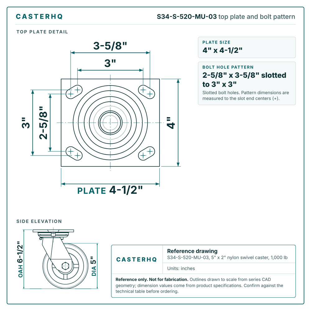 S34-S-520-MU-03 top plate bolt pattern drawing, 4 x 4-1/2 in plate, slotted bolt holes