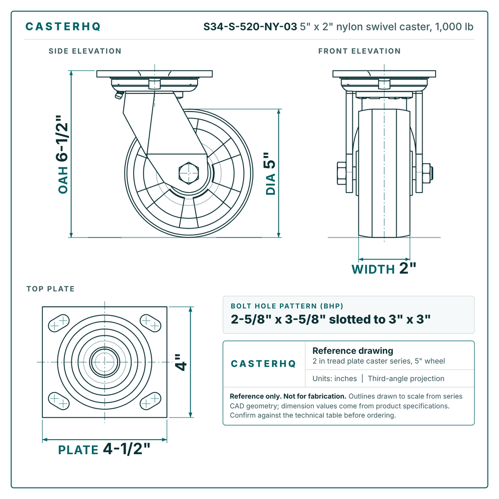 S34-S-520-NY-03 5 x 2 in nylon swivel caster reference drawing, side, front and top plate views with dimensions