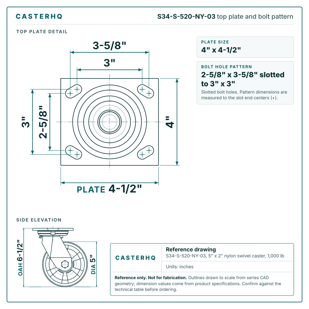 S34-S-520-NY-03 top plate bolt pattern drawing, 4 x 4-1/2 in plate, slotted bolt holes