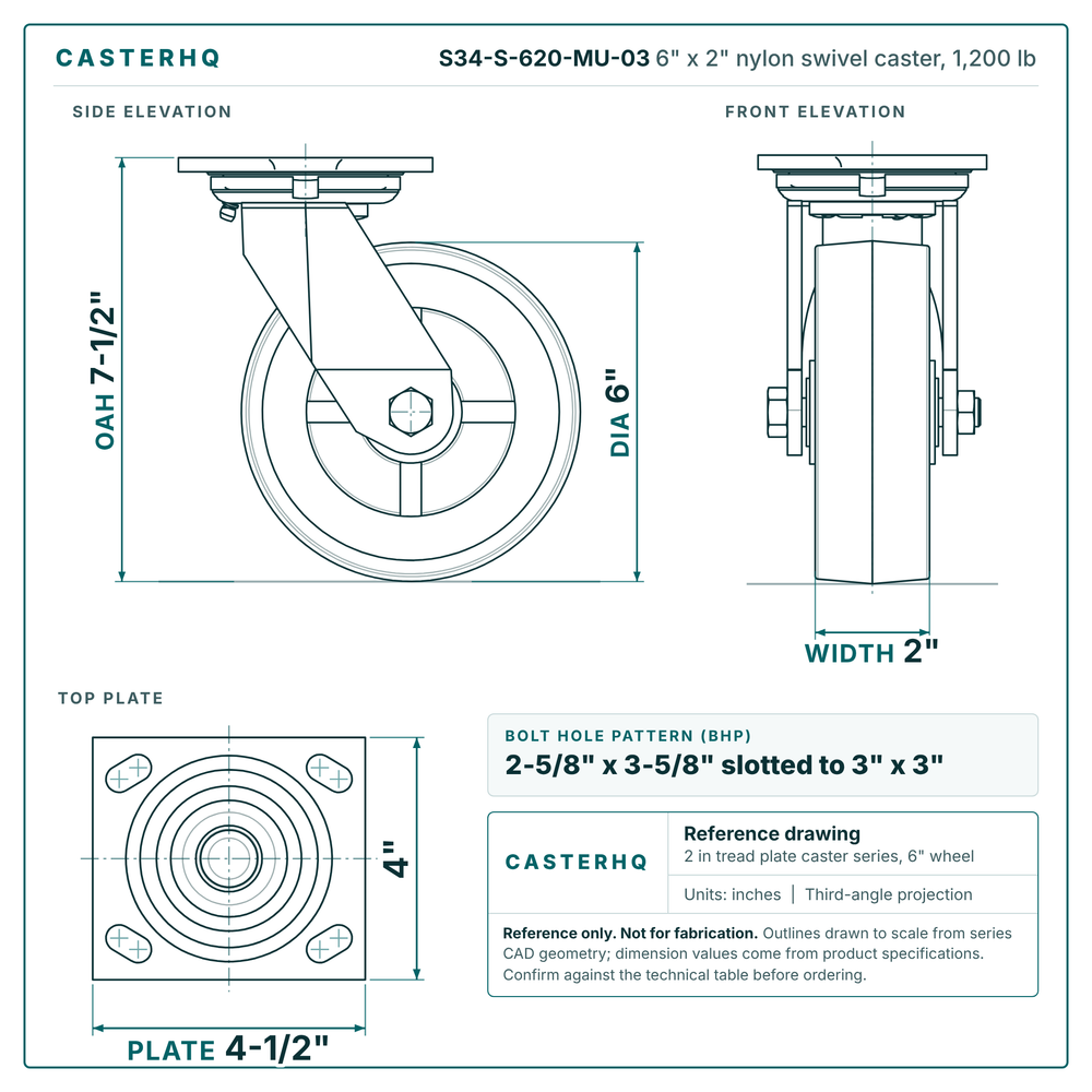 S34-S-620-MU-03 6 x 2 in nylon swivel caster reference drawing, side, front and top plate views with dimensions