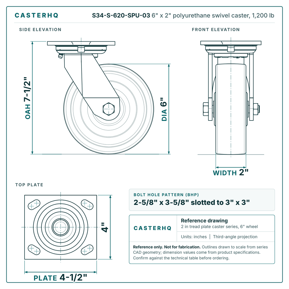 S34-S-620-SPU-03 6 x 2 in polyurethane swivel caster reference drawing, side, front and top plate views with dimensions