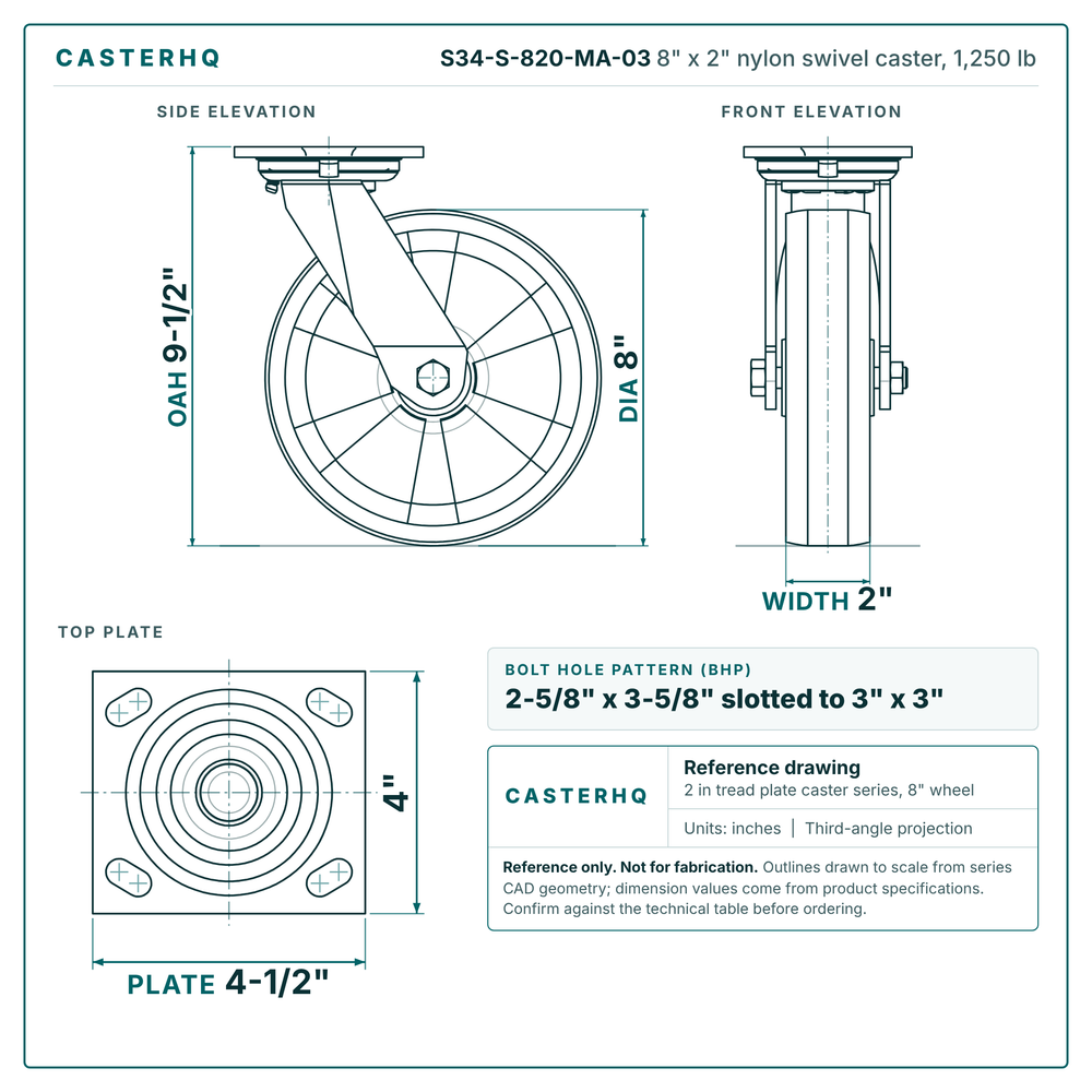 S34-S-820-MA-03 8 x 2 in nylon swivel caster reference drawing, side, front and top plate views with dimensions