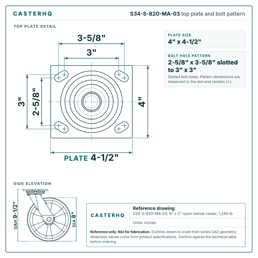 S34-S-820-MA-03 top plate bolt pattern drawing, 4 x 4-1/2 in plate, slotted bolt holes
