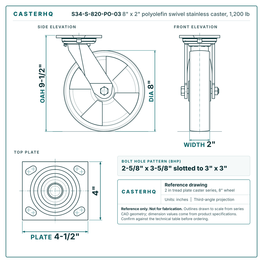 8" x 2" polyolefin swivel stainless caster reference drawing, side, front and top plate views with dimensions