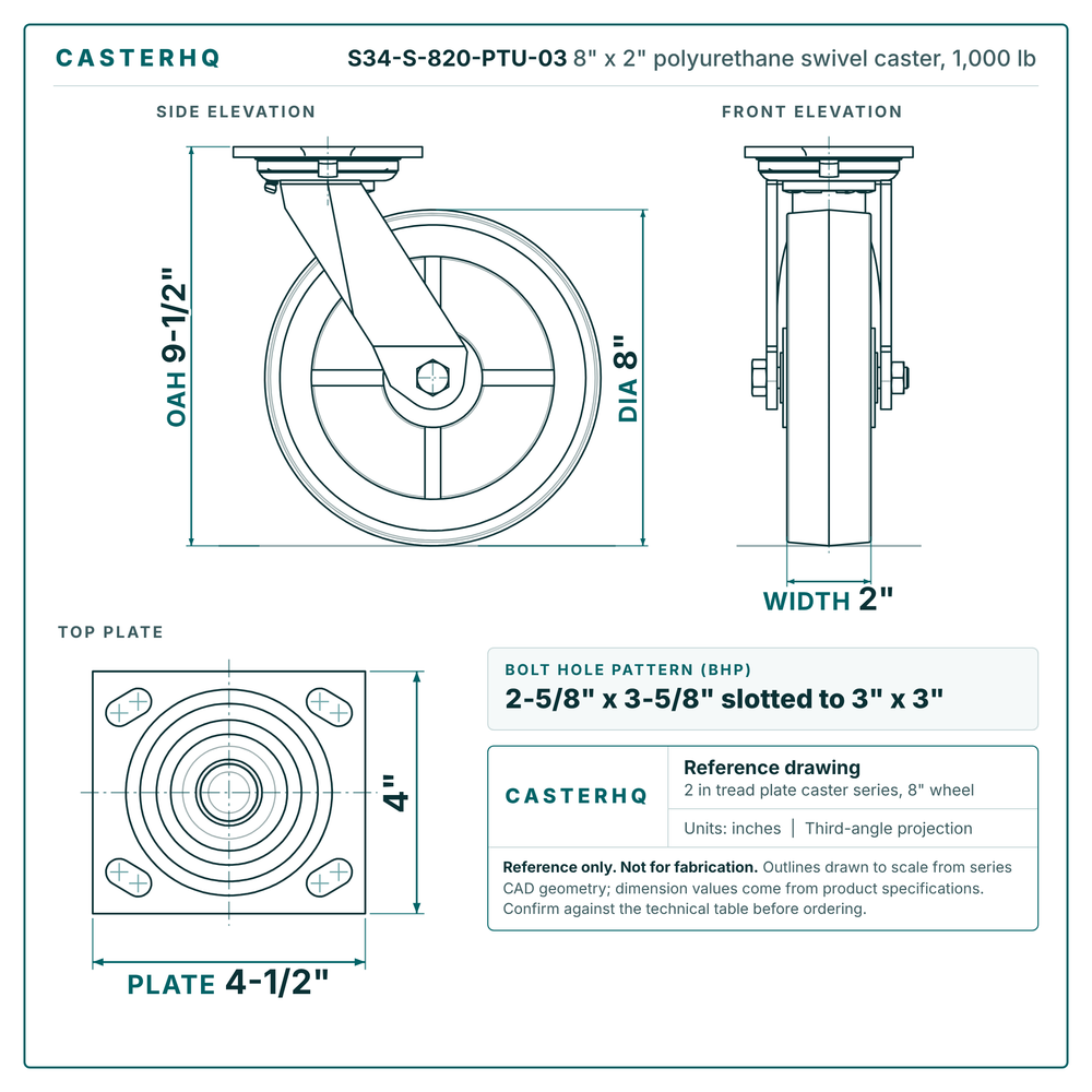 S34-S-820-PTU-03 8 x 2 in polyurethane swivel caster reference drawing, side, front and top plate views with dimensions