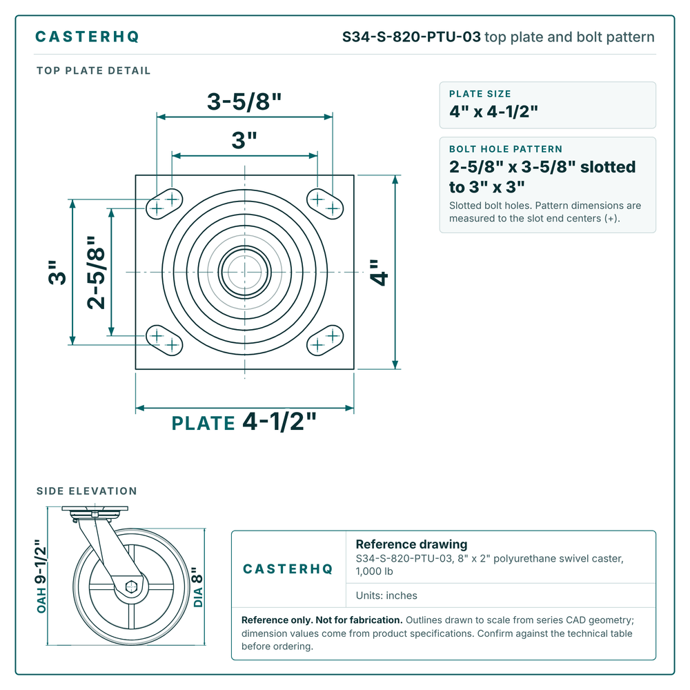 S34-S-820-PTU-03 top plate bolt pattern drawing, 4 x 4-1/2 in plate, slotted bolt holes