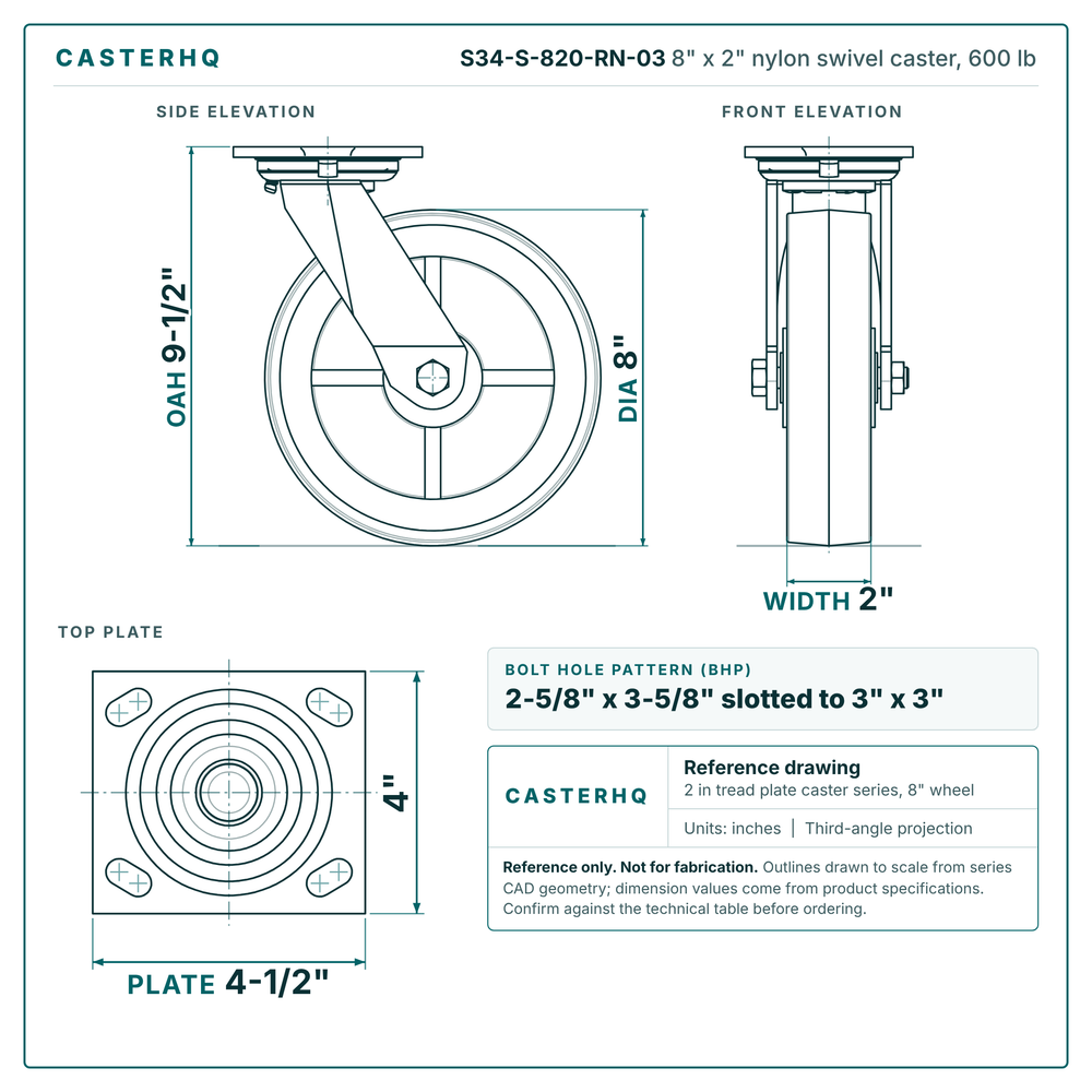S34-S-820-RN-03 8 x 2 in nylon swivel caster reference drawing, side, front and top plate views with dimensions