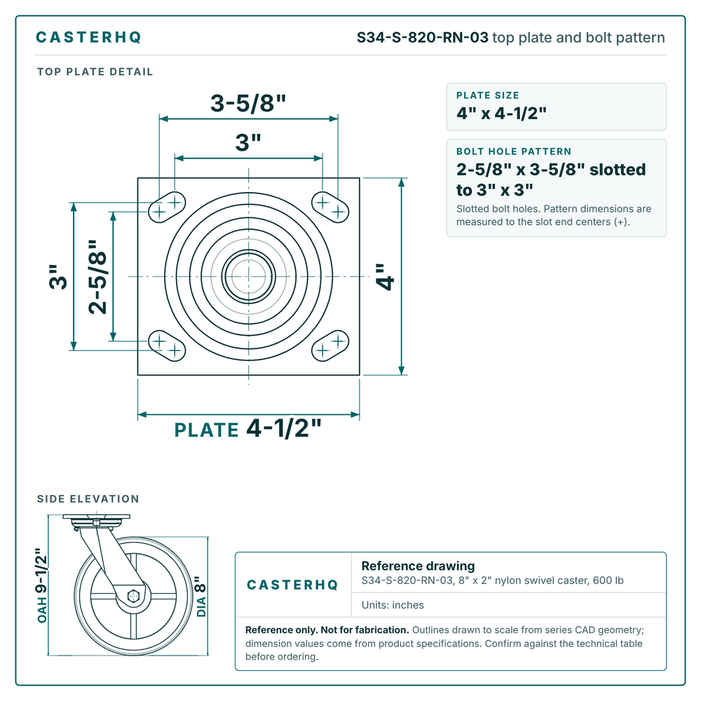 S34-S-820-RN-03 top plate bolt pattern drawing, 4 x 4-1/2 in plate, slotted bolt holes