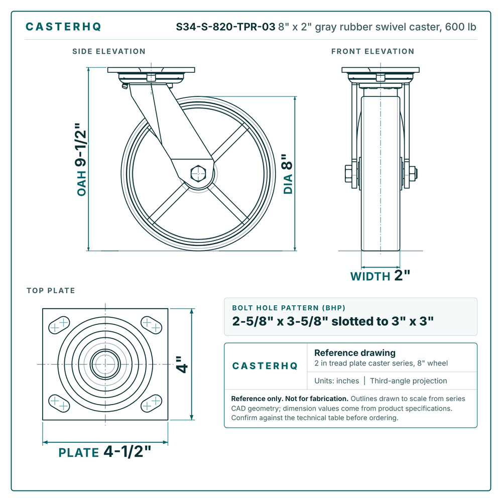S34-S-820-TPR-03 8 x 2 in gray rubber swivel caster reference drawing, side, front and top plate views with dimensions