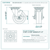 TBK-520PO-MH-2600 5 x 2 in polyolefin swivel caster with side brake reference drawing, 650 lb per caster (set of 4: 4 swivel with side brake), side, front and top plate views with dimensions