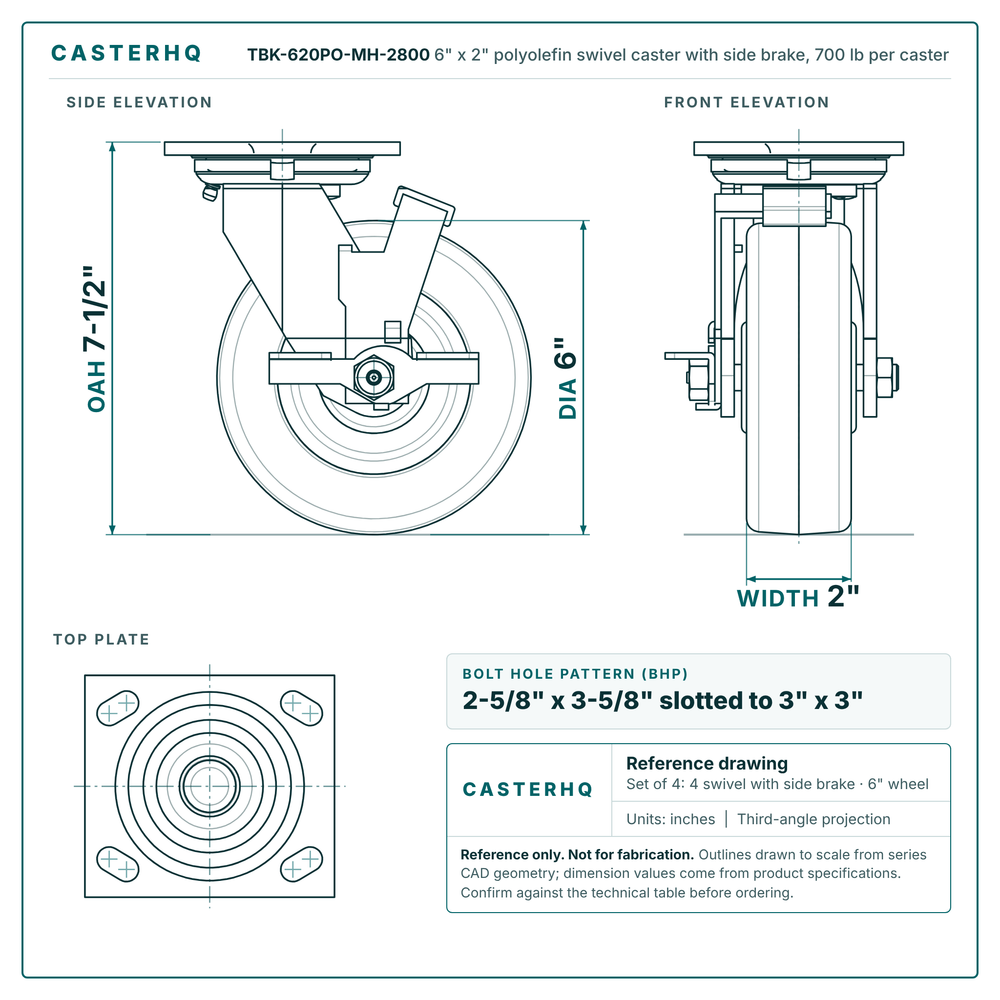 TBK-620PO-MH-2800 6 x 2 in polyolefin swivel caster with side brake reference drawing, 700 lb per caster (set of 4: 4 swivel with side brake), side, front and top plate views with dimensions