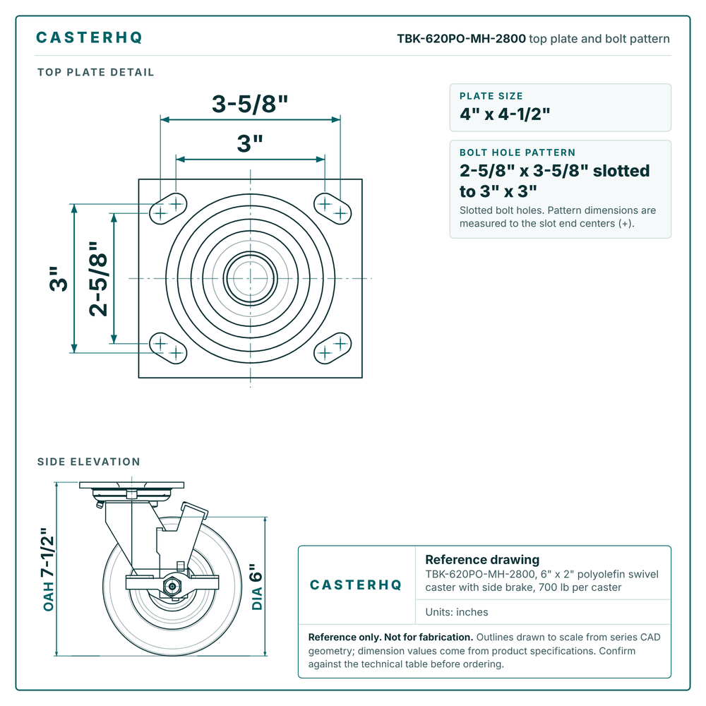 TBK-620PO-MH-2800 top plate bolt pattern drawing, 4 x 4-1/2 in plate, 2-5/8 x 3-5/8 in slotted to 3 x 3 in, slotted bolt holes