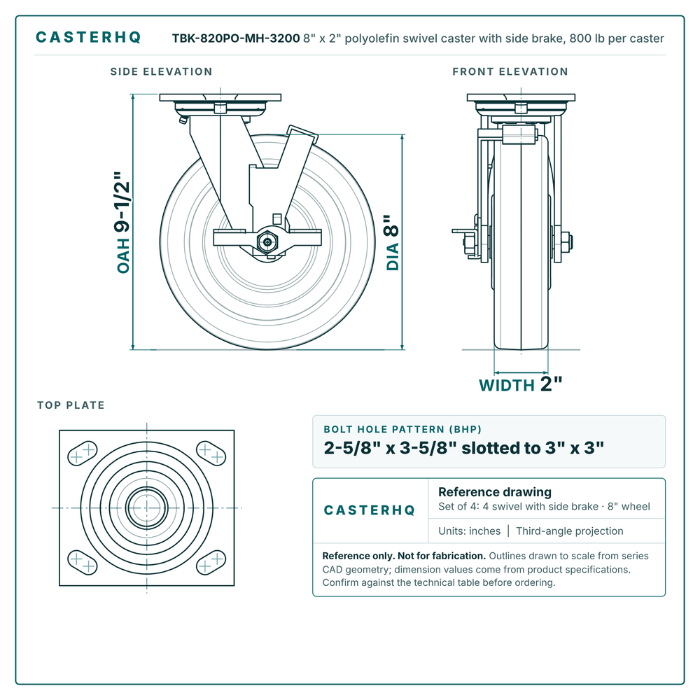 TBK-820PO-MH-3200 8 x 2 in polyolefin swivel caster with side brake reference drawing, 800 lb per caster (set of 4: 4 swivel with side brake), side, front and top plate views with dimensions