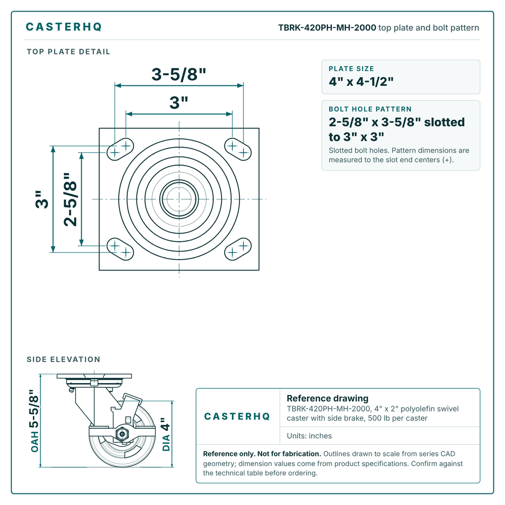TBRK-420PH-MH-2000 top plate bolt pattern drawing, 4 x 4-1/2 in plate, 2-5/8 x 3-5/8 in slotted to 3 x 3 in, slotted bolt holes