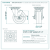 TBRK-520PO-MH-2600 5 x 2 in polyolefin swivel caster with side brake reference drawing, 650 lb per caster (set of 4: 2 swivel with side brake + 2 rigid), side, front and top plate views with dimensions