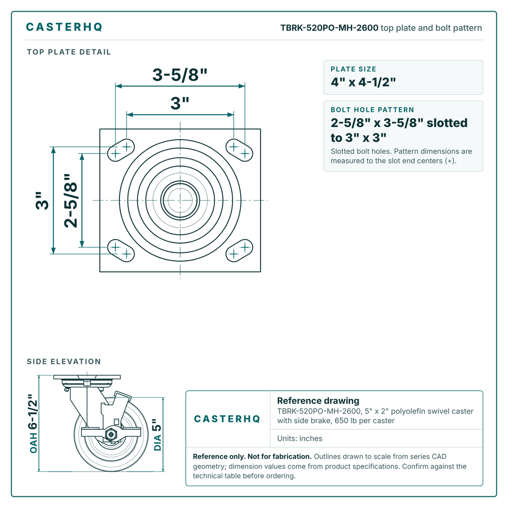 TBRK-520PO-MH-2600 top plate bolt pattern drawing, 4 x 4-1/2 in plate, 2-5/8 x 3-5/8 in slotted to 3 x 3 in, slotted bolt holes