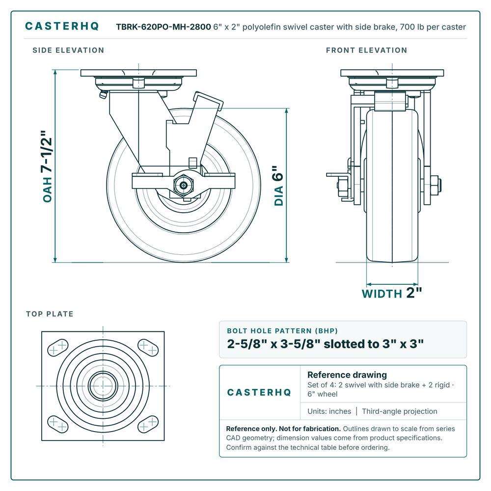 TBRK-620PO-MH-2800 6 x 2 in polyolefin swivel caster with side brake reference drawing, 700 lb per caster (set of 4: 2 swivel with side brake + 2 rigid), side, front and top plate views with dimensions