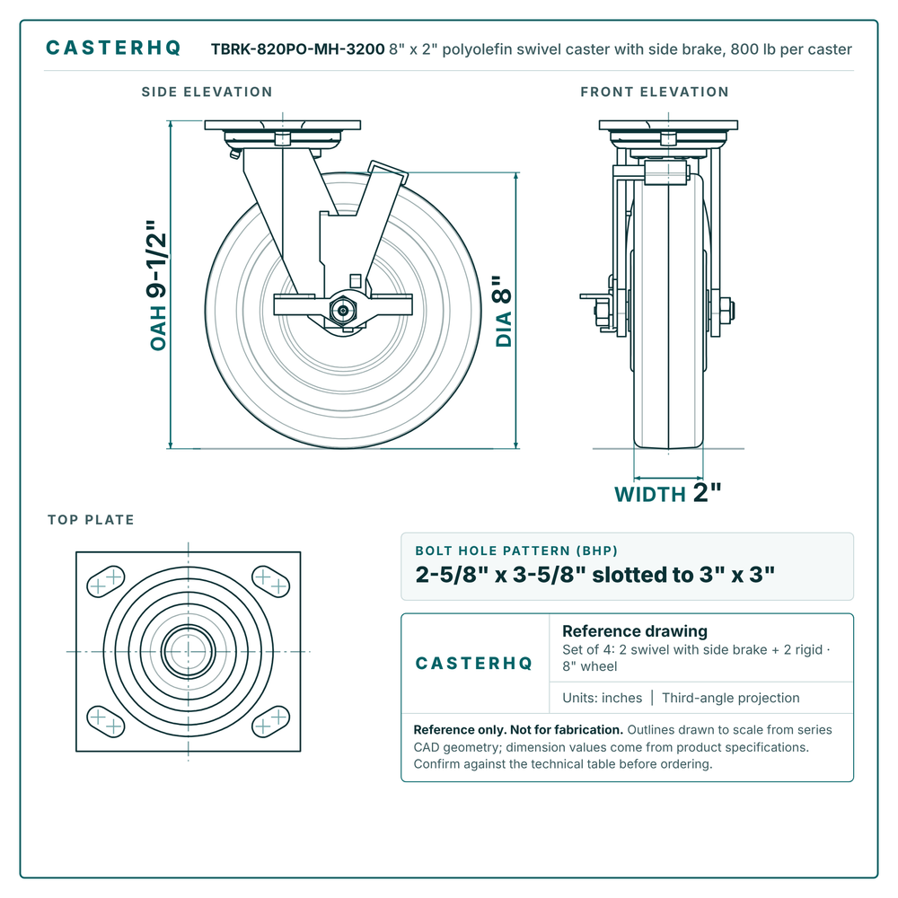 TBRK-820PO-MH-3200 8 x 2 in polyolefin swivel caster with side brake reference drawing, 800 lb per caster (set of 4: 2 swivel with side brake + 2 rigid), side, front and top plate views with dimensions