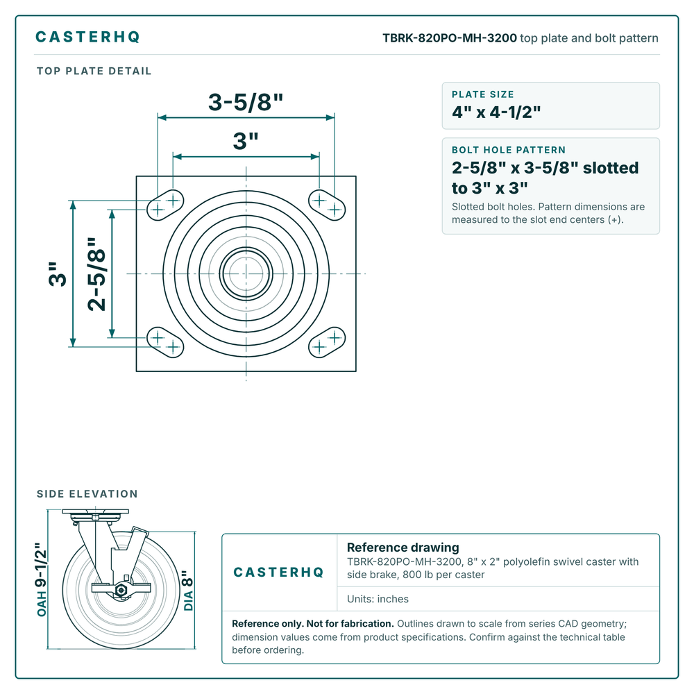 TBRK-820PO-MH-3200 top plate bolt pattern drawing, 4 x 4-1/2 in plate, 2-5/8 x 3-5/8 in slotted to 3 x 3 in, slotted bolt holes