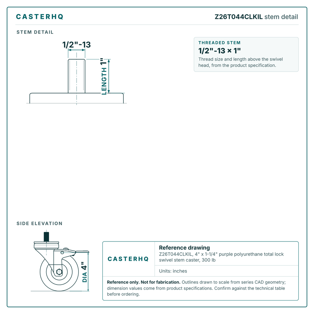 threaded stem 1/2"-13 x 1" drawing