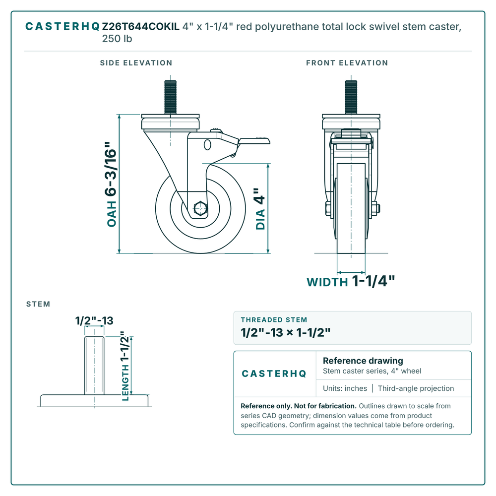 4" x 1-1/4" red polyurethane total lock swivel stem caster reference drawing, side, front and top plate views with dimensions
