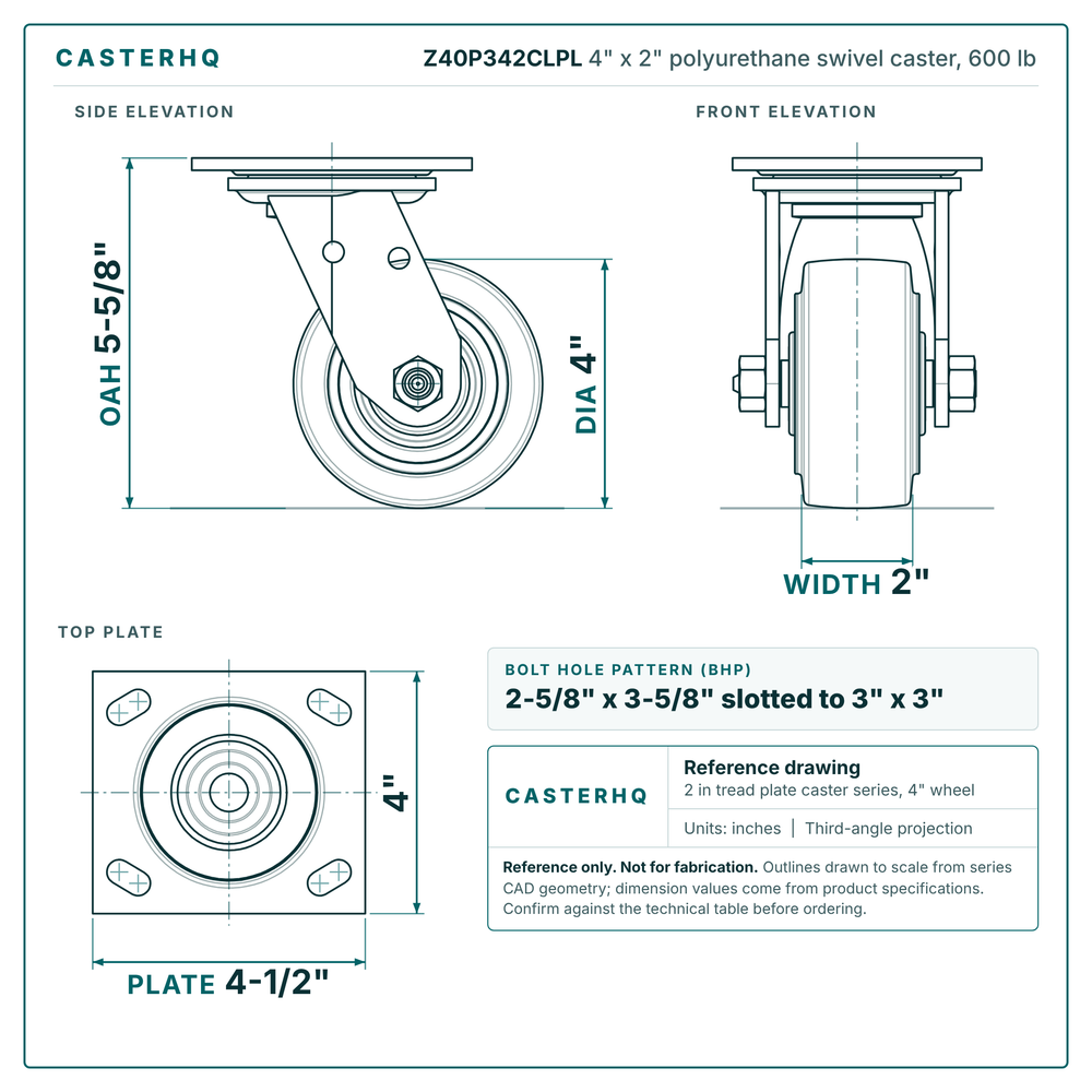 4" x 2" polyurethane swivel caster reference drawing, side, front and top plate views with dimensions