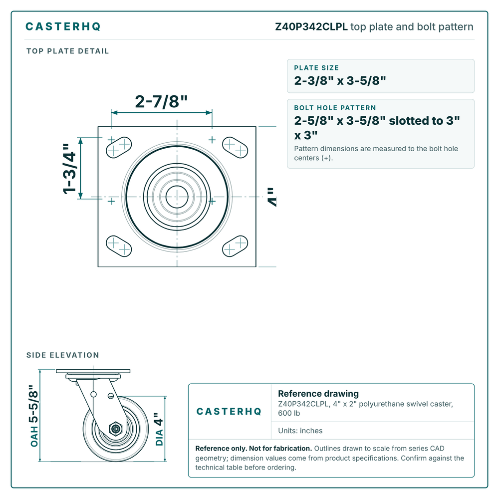 Top plate bolt pattern drawing, 4 x 4-1/2 in plate, 2-5/8 x 3-5/8 in slotted to 3 x 3 in, slotted bolt holes