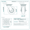 5" x 2" polyurethane swivel caster reference drawing, side, front and top plate views with dimensions