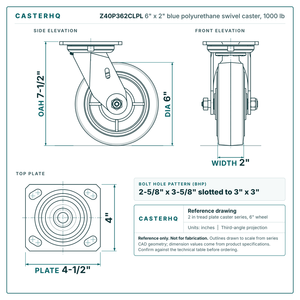 6" x 2" blue polyurethane swivel caster reference drawing, side, front and top plate views with dimensions