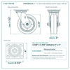 6" x 2" blue polyurethane swivel caster reference drawing, side, front and top plate views with dimensions