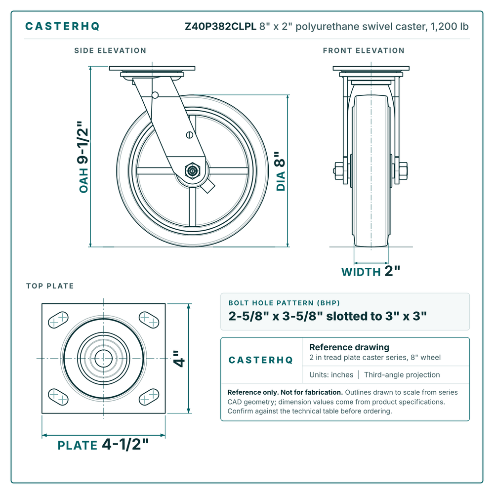 8" x 2" polyurethane swivel caster reference drawing, side, front and top plate views with dimensions