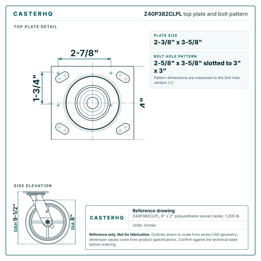 Top plate bolt pattern drawing, 4 x 4-1/2 in plate, 2-5/8 x 3-5/8 in slotted to 3 x 3 in, slotted bolt holes