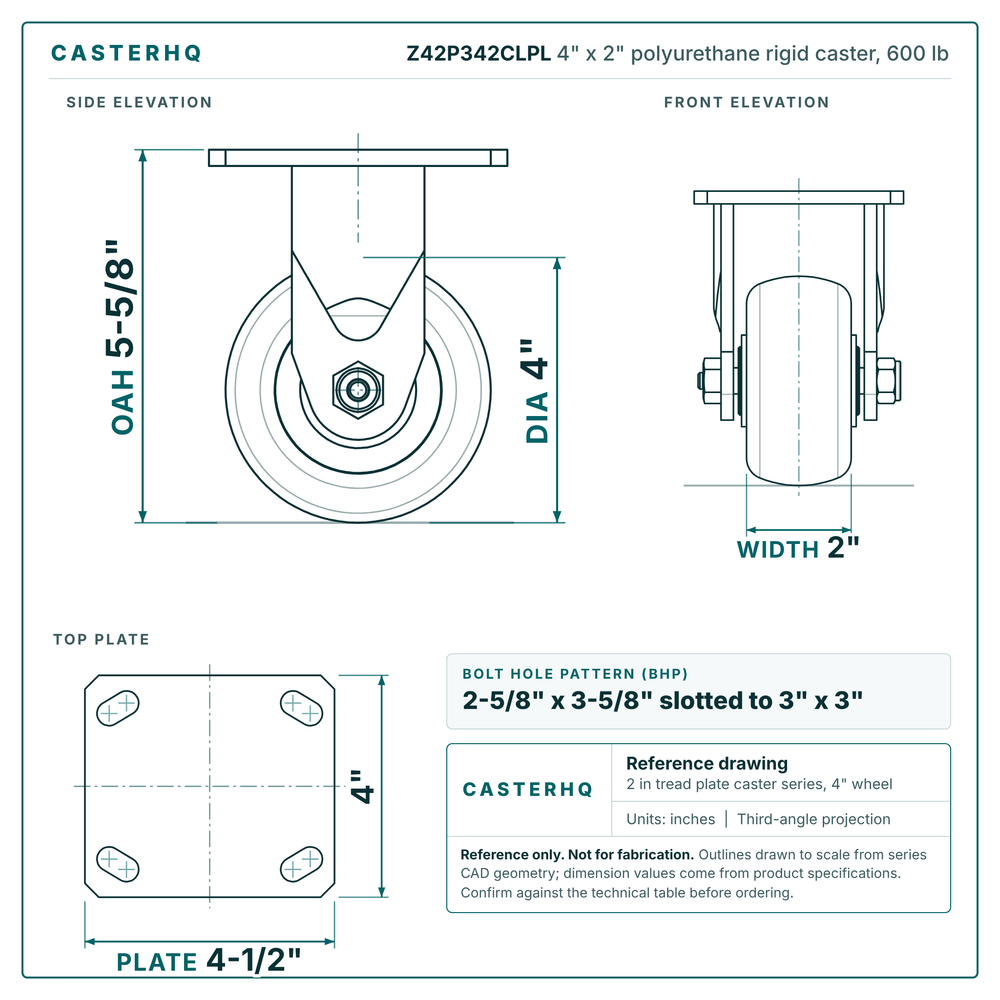 4" x 2" polyurethane rigid caster reference drawing, side, front and top plate views with dimensions