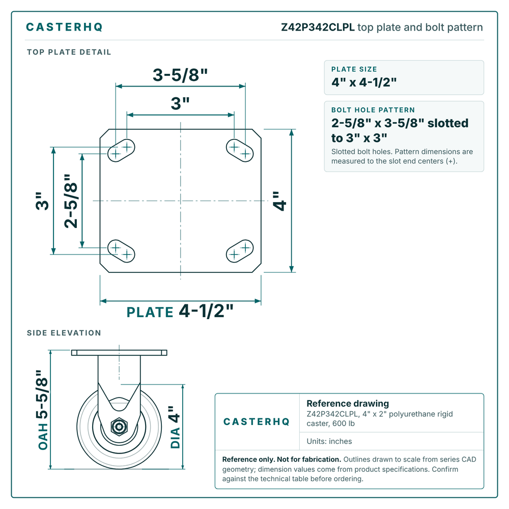 Top plate bolt pattern drawing, 4 x 4-1/2 in plate, 2-5/8 x 3-5/8 in slotted to 3 x 3 in, slotted bolt holes