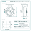 6" x 2" polyurethane rigid caster with side lock brake reference drawing, side, front and top plate views with dimensions